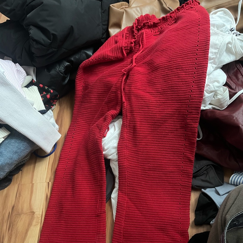 Red I am Gia pants (my mom sewed the bottom because they were long I am 5’7)